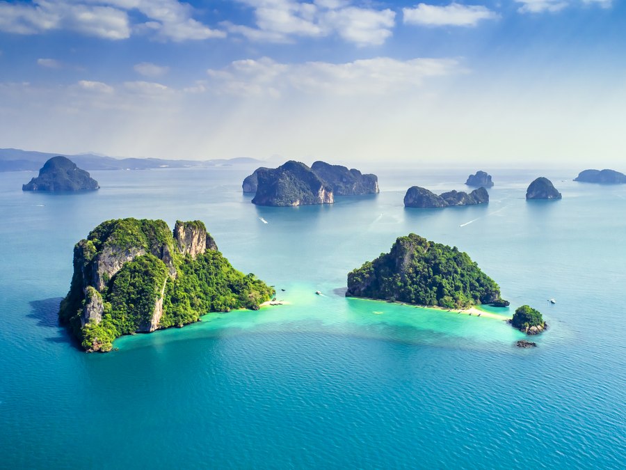 Aerial view of Phang Nga Bay islands on a Phuket superyacht charter route